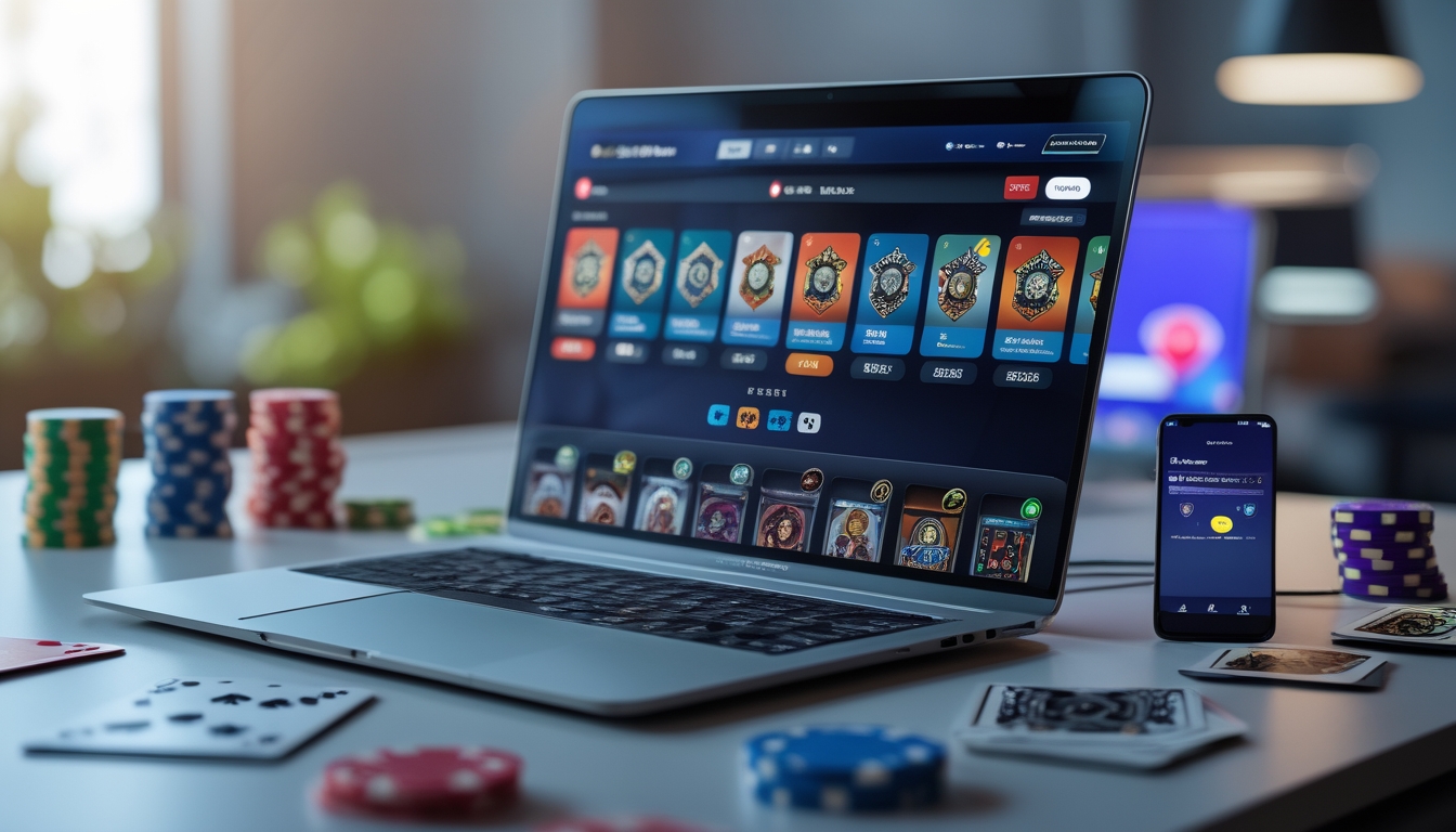 Seorang pengguna di depan laptop dengan layar menampilkan permainan poker online, dikelilingi oleh chip poker dan kartu remi di atas meja.