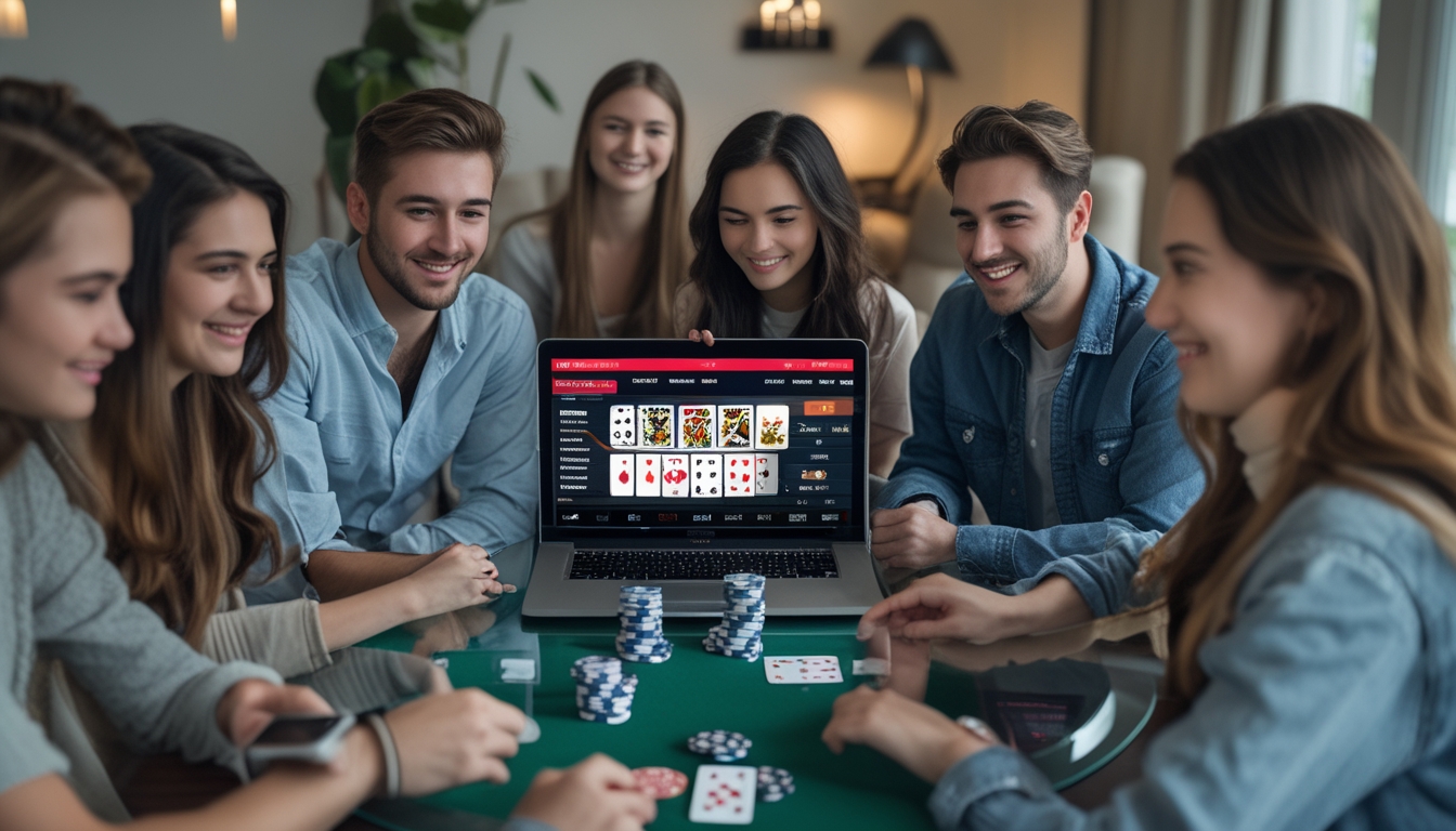 Sekelompok orang muda sedang bermain poker di meja kaca dengan kartu dan laptop, terlihat serius dan santai di ruangan yang nyaman.