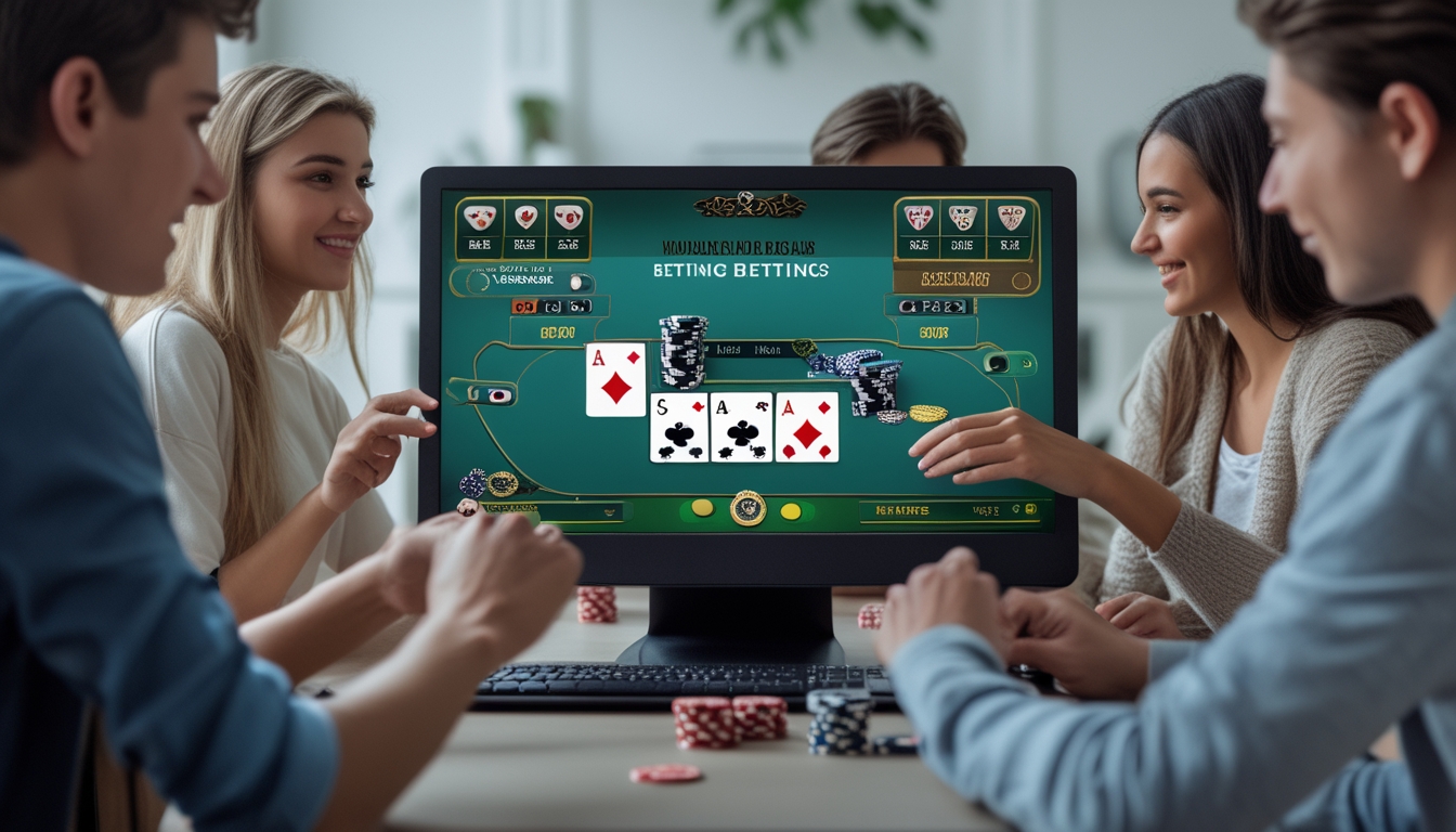 Sekelompok orang muda bermain poker online di depan komputer dengan chip poker dan kartu permainan di meja.