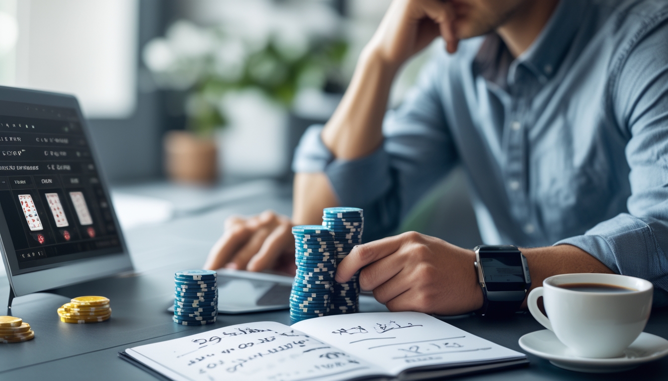 Seorang individu sedang fokus mengelola modal sambil bermain poker online di depan laptop dengan tumpukan chip poker dan buku catatan di meja.