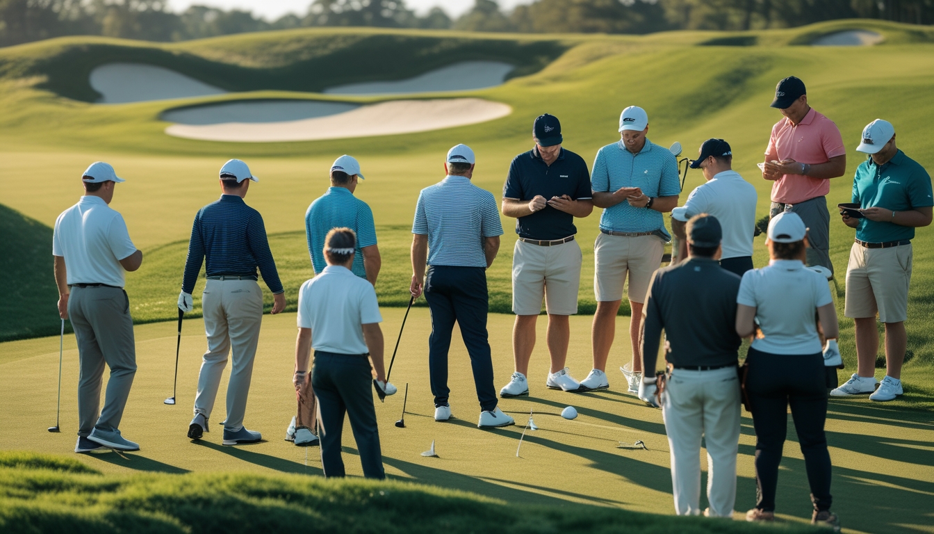 Sekelompok orang bermain golf dan menggunakan perangkat digital di lapangan golf hijau yang luas.