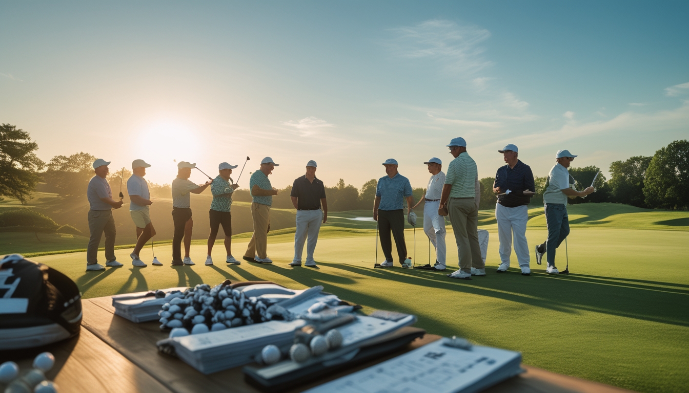 Sekelompok pemain golf di lapangan hijau saat matahari terbit, sedang berlatih dan berdiskusi dengan perlengkapan golf di sekitar mereka.
