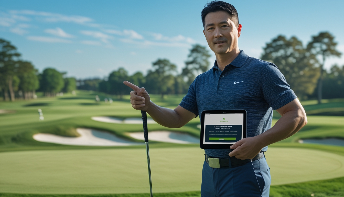 Seorang pria Asia berdiri di lapangan golf hijau sambil memegang klub golf dan menunjuk ke tablet digital yang menampilkan situs taruhan golf yang aman.