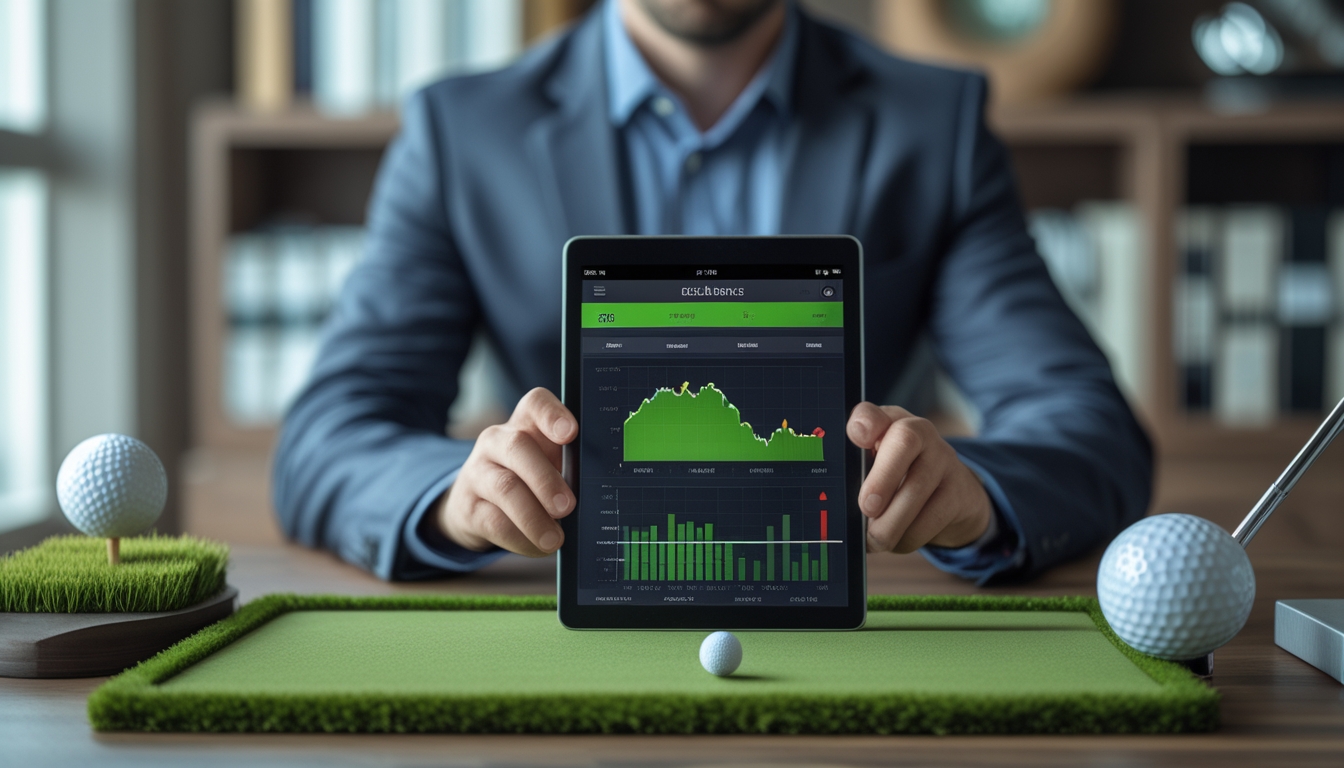 Seseorang sedang meninjau tablet digital dengan statistik taruhan golf di kantor modern.