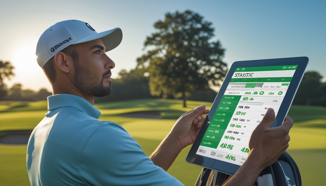 Seorang pegolf sedang memeriksa tablet di lapangan golf yang hijau dengan perlengkapan golf di sekitarnya.