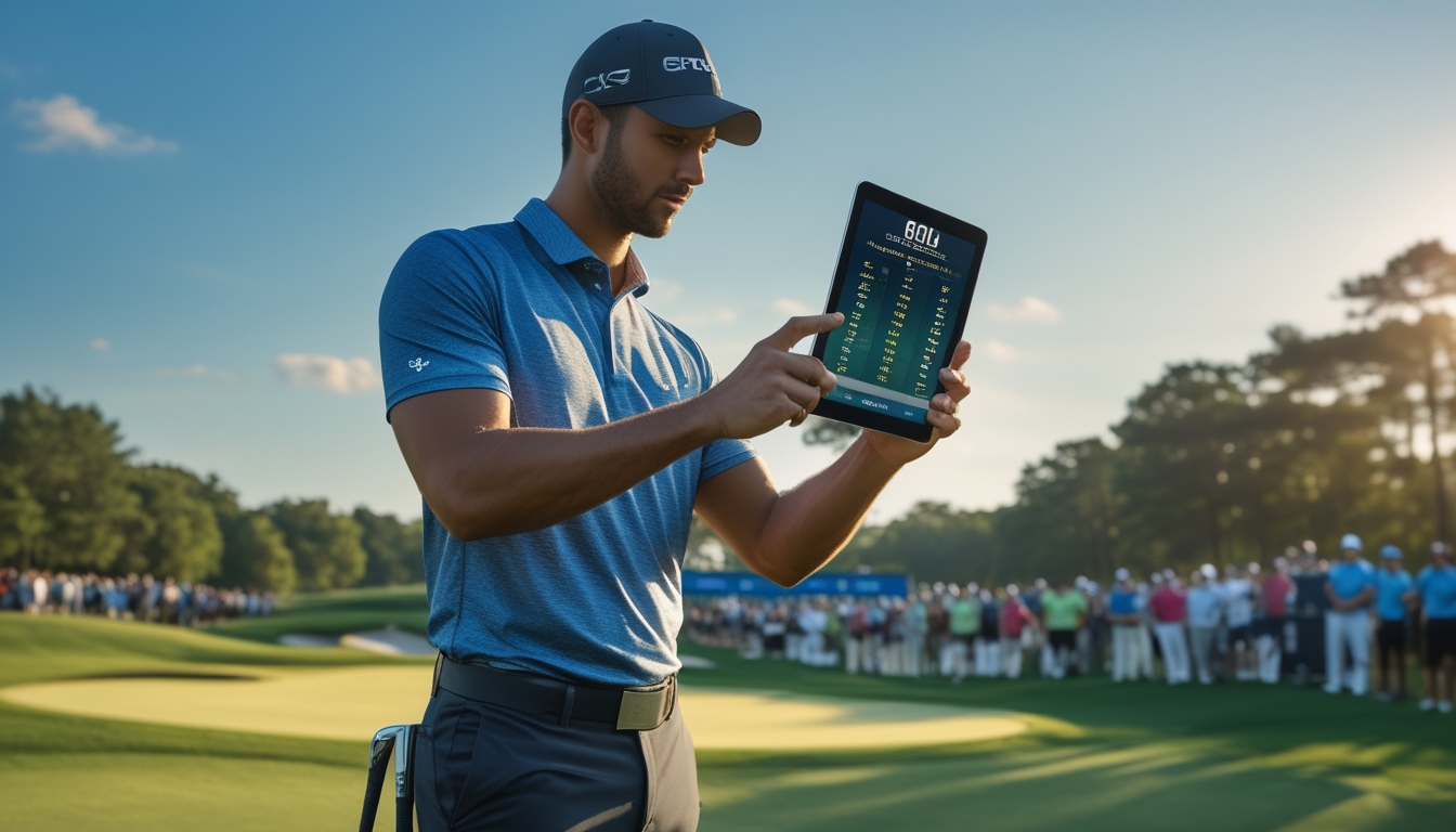 Seorang pegolf memeriksa tablet digital di lapangan golf saat turnamen berlangsung.