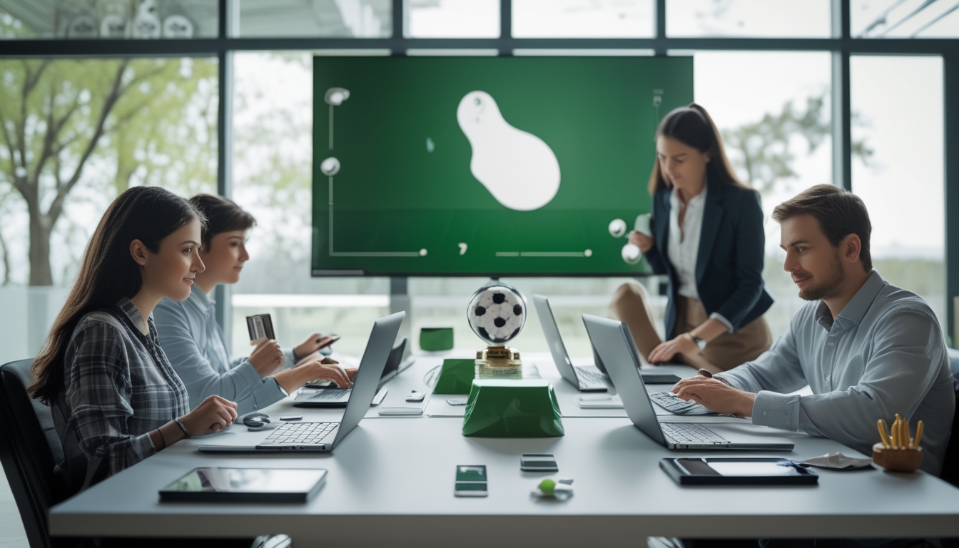 Beberapa orang sedang menggunakan perangkat digital untuk meninjau situs taruhan golf di sebuah kantor modern dengan peralatan golf di meja.