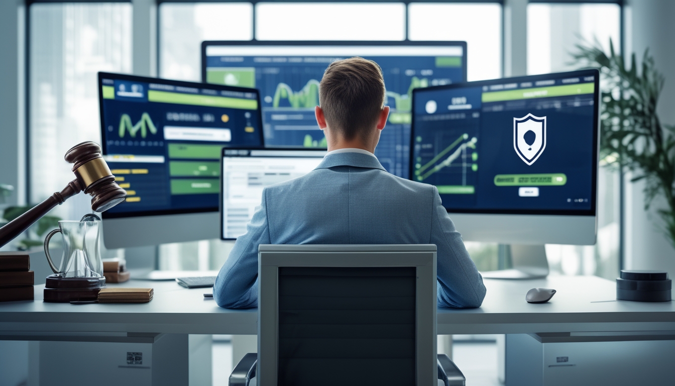 Seorang profesional bisnis duduk di meja dengan beberapa monitor komputer menampilkan data dan situs taruhan golf resmi, di ruang kantor yang rapi dan terang.