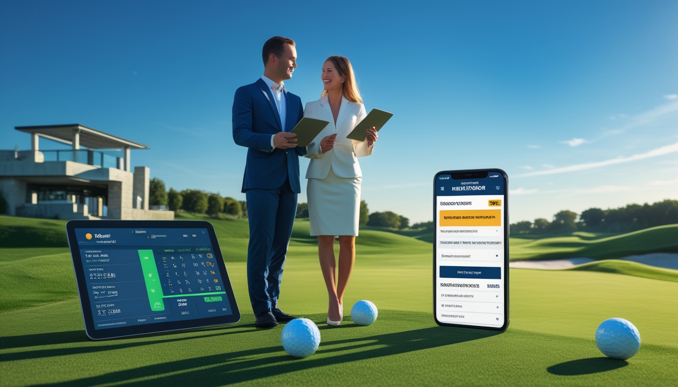 Seorang pria dan wanita berdiri di lapangan golf yang hijau, memegang perangkat digital sambil berdiskusi tentang taruhan golf.