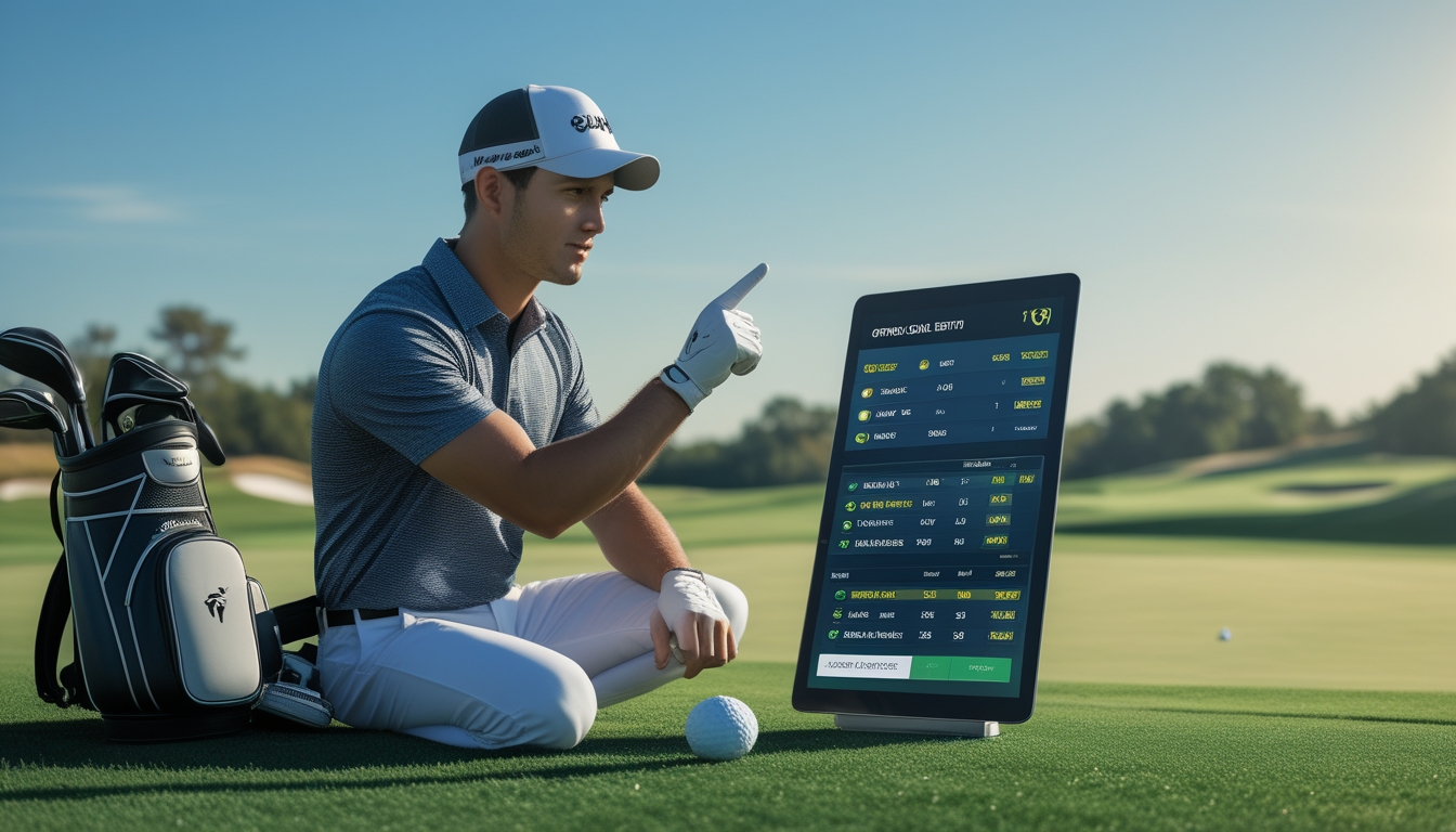 Seorang pemain golf profesional sedang memeriksa tablet digital di lapangan golf yang rapi, fokus pada strategi taruhan golf resmi.