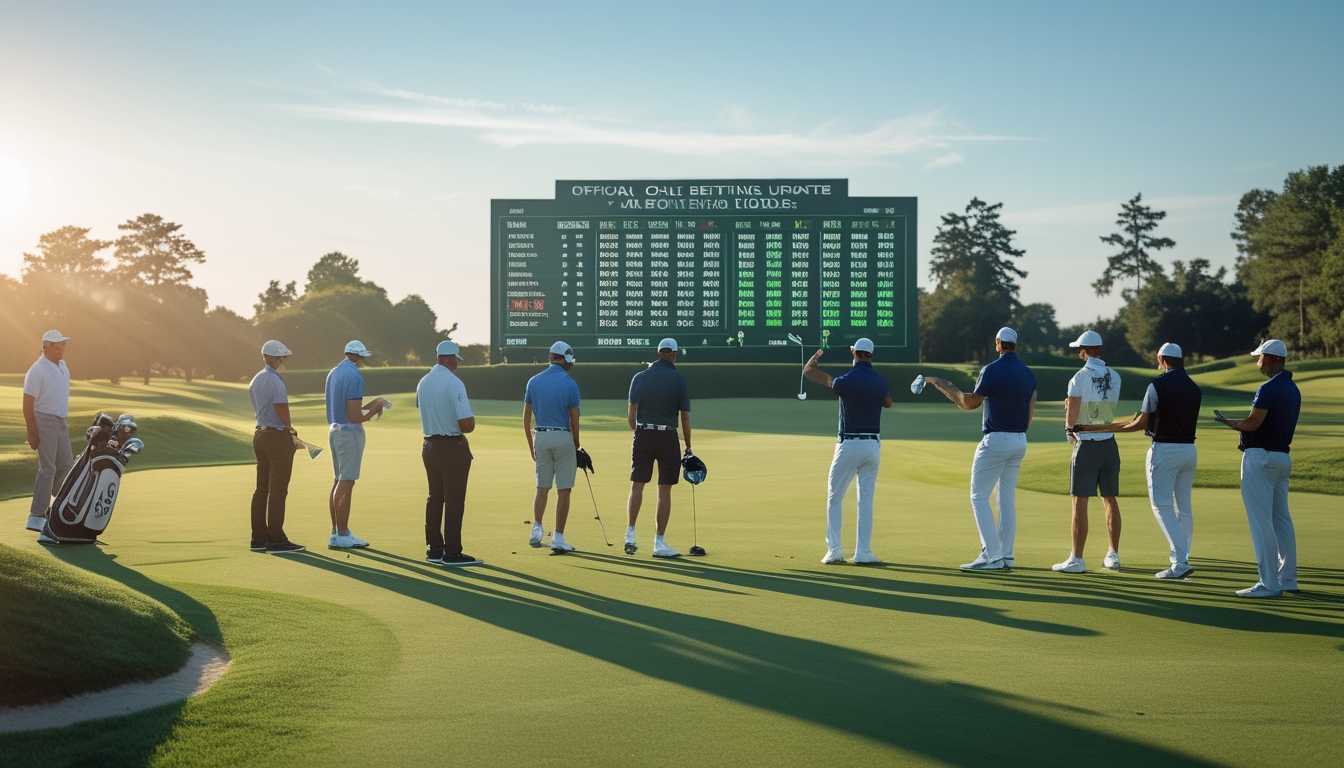 Beberapa pemain golf sedang bersiap di lapangan golf hijau yang rapi dengan papan skor digital besar di latar belakang.