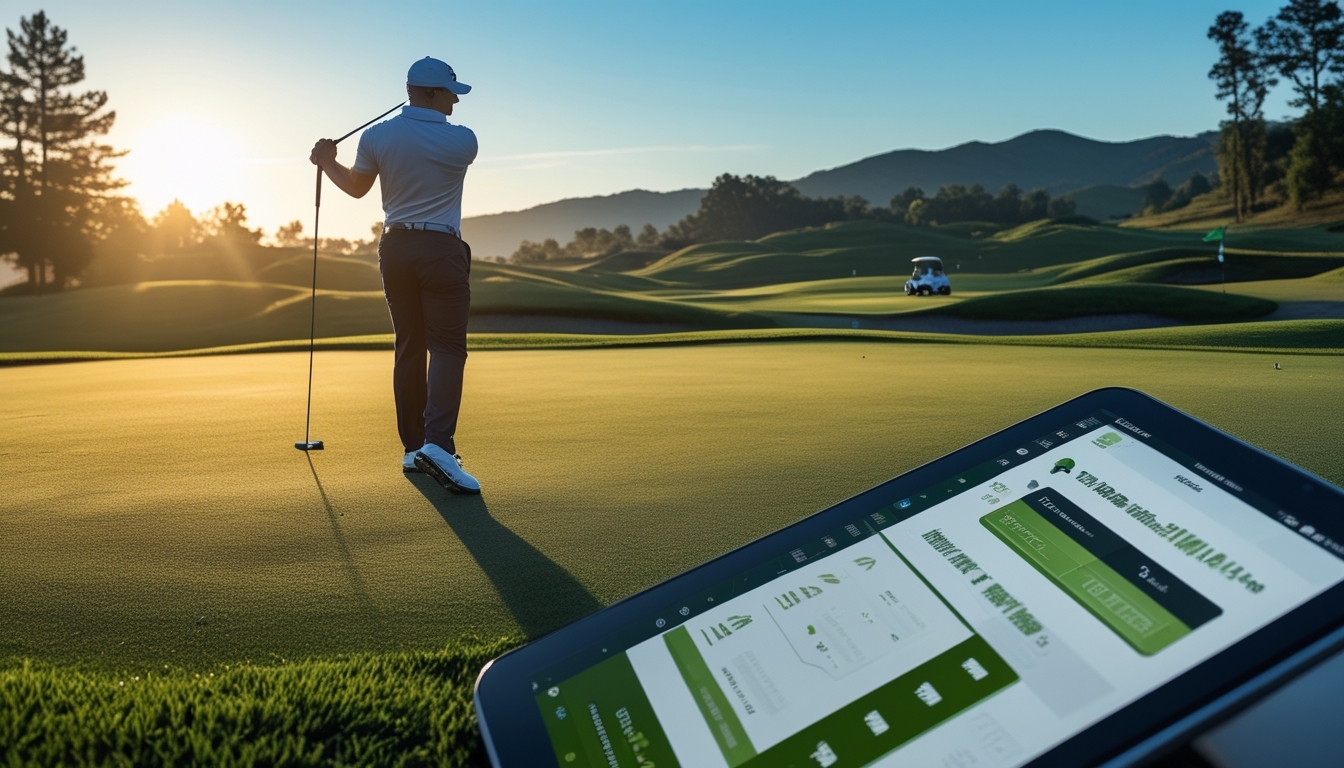 Seorang pegolf sedang mengayunkan stik golf di lapangan golf yang hijau dengan latar belakang pepohonan dan perbukitan.