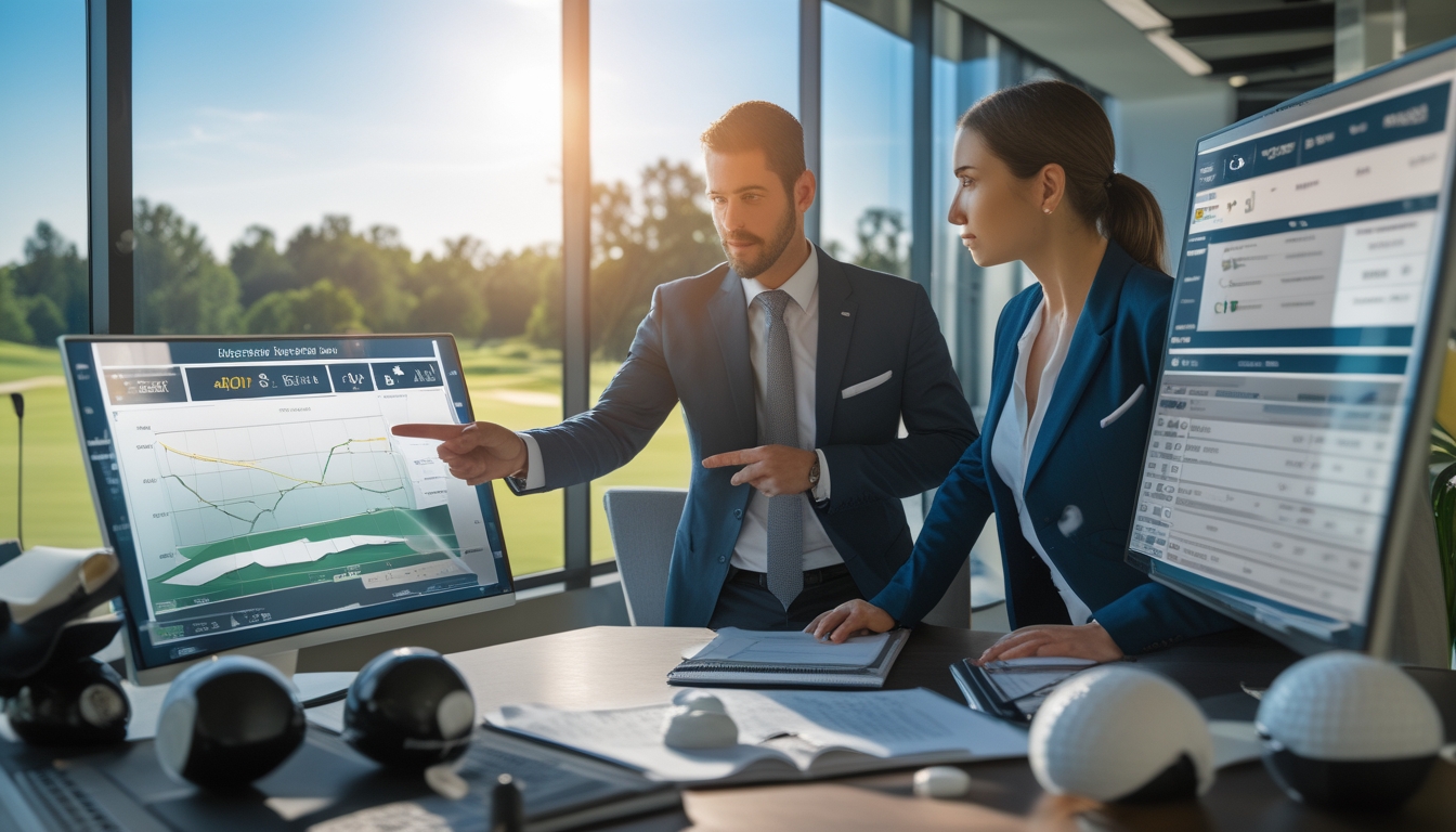 Seorang pria dan wanita sedang menganalisis data taruhan golf di kantor dengan pemandangan lapangan golf di luar jendela.