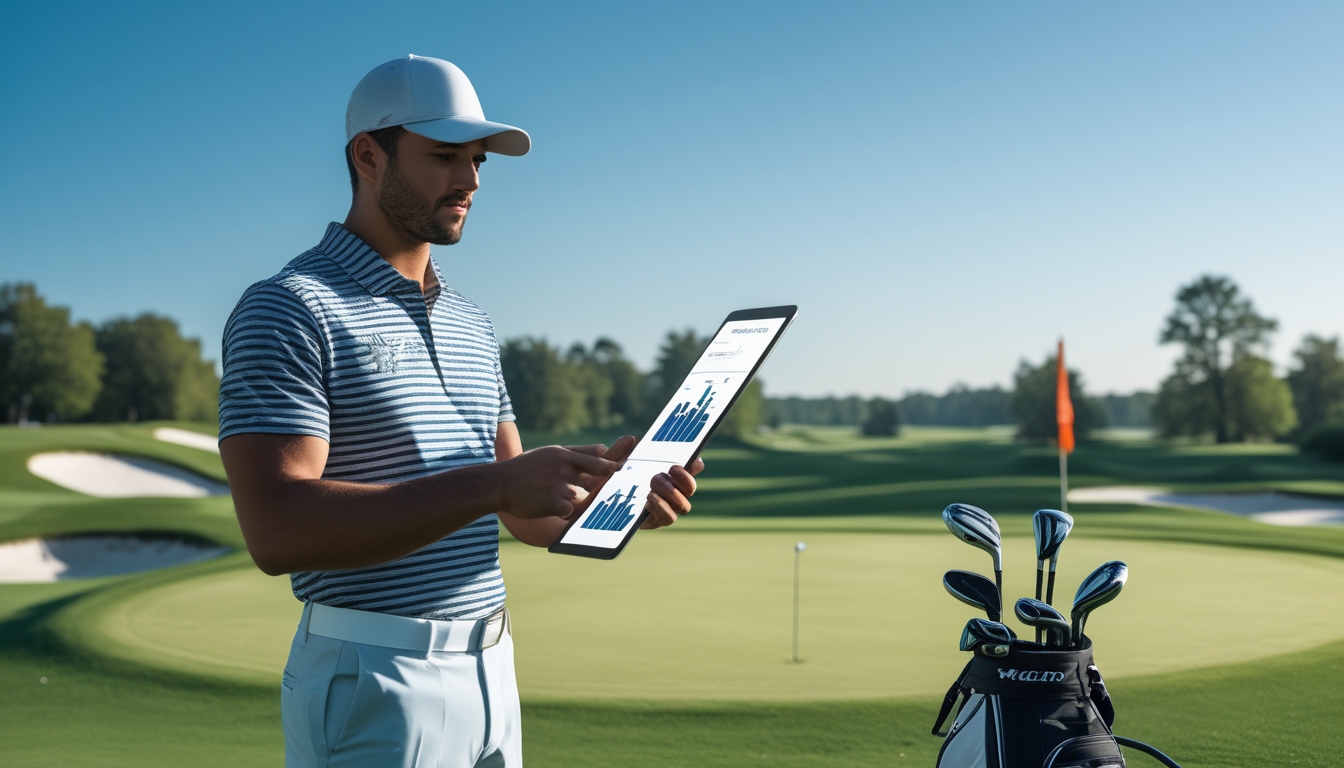 Seorang pegolf berdiri di lapangan golf hijau sambil memegang tongkat golf dan melihat tablet dengan grafik keuangan.