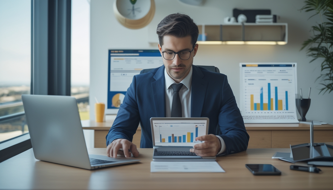 Seorang profesional sedang menganalisis data keuangan di kantor modern dengan perlengkapan golf di latar belakang.