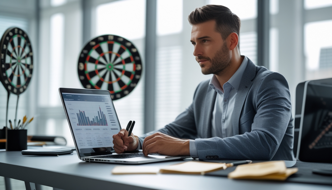 Seorang pria fokus menganalisis strategi permainan dart di meja kantor dengan papan dart dan laptop di latar belakang.