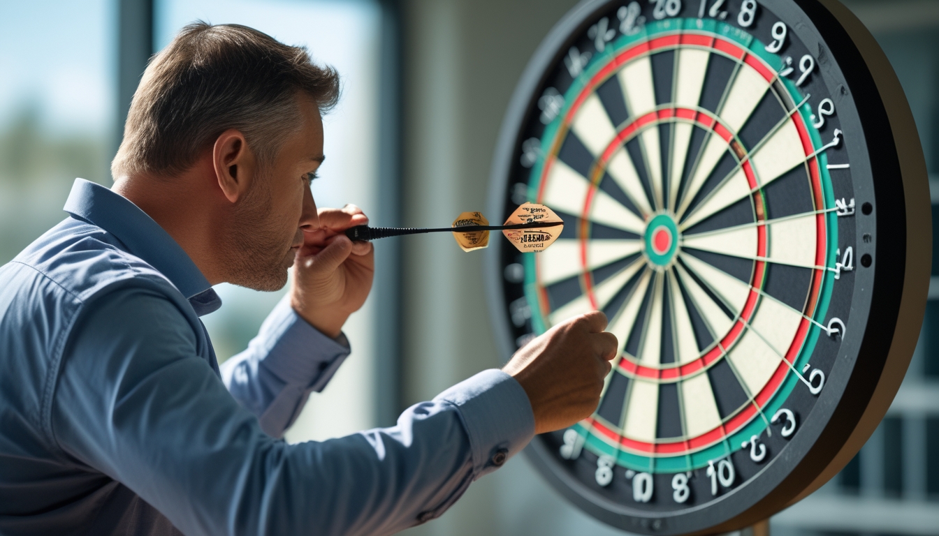 Seorang pria dewasa fokus mengarahkan dart ke papan dart di dalam ruangan yang terang.