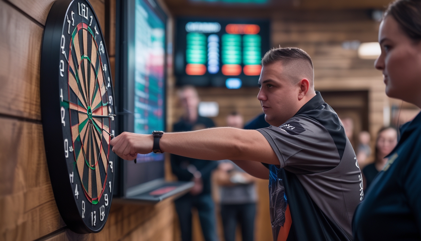 Dua pemain dart fokus melempar panah ke papan dart di sebuah turnamen resmi dengan penonton di latar belakang.