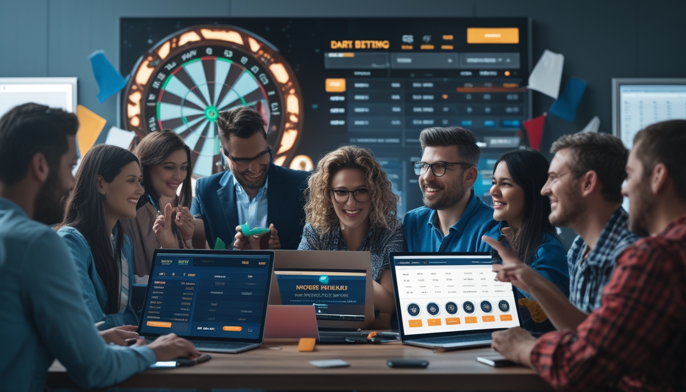 Beberapa orang sedang berkumpul di sekitar layar besar yang menampilkan permainan dart digital dengan perangkat elektronik di sebuah ruangan modern.