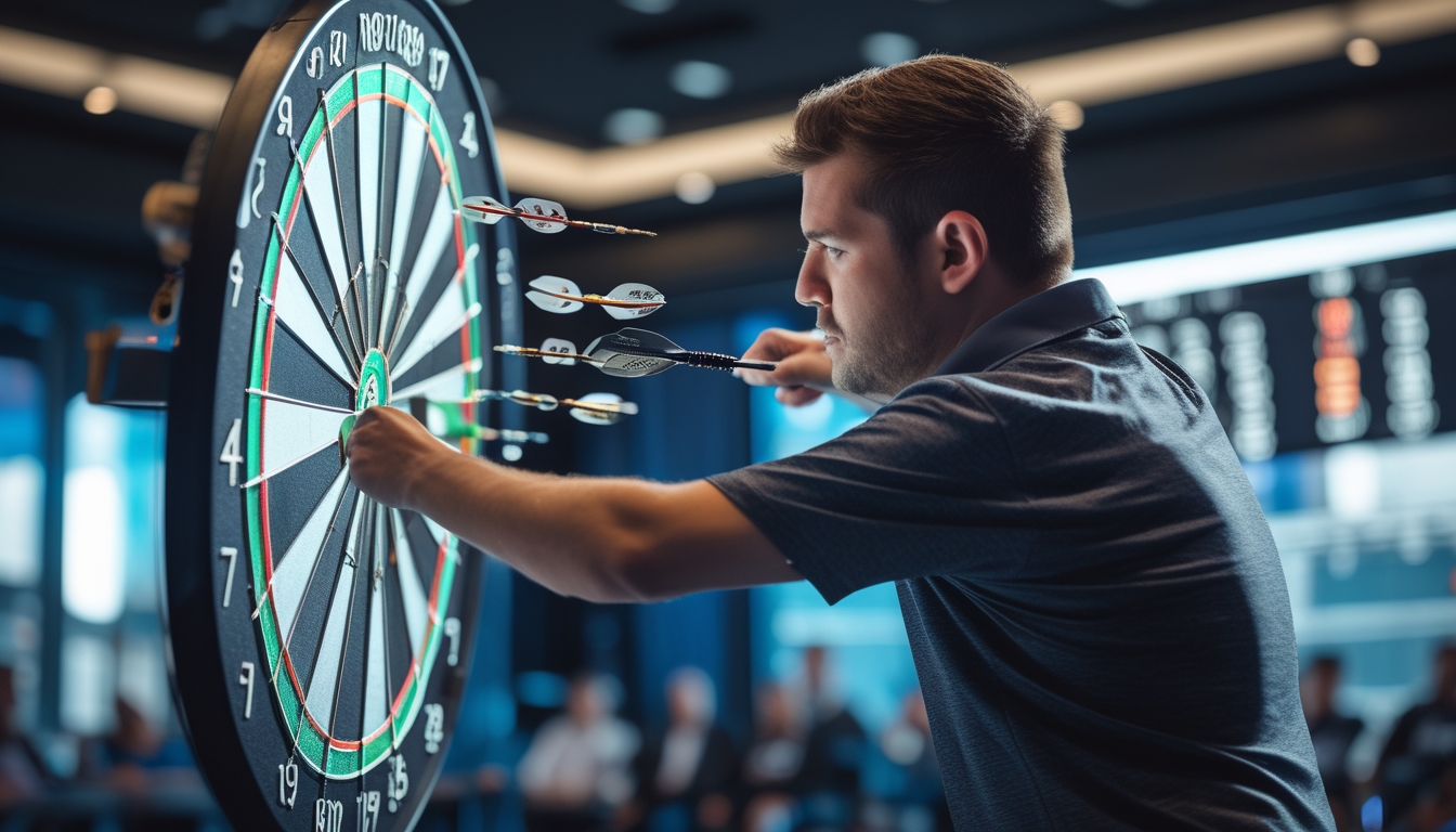 Seorang pemain dart pria sedang melempar dart ke papan dart di ruangan dalam dengan pencahayaan terang.