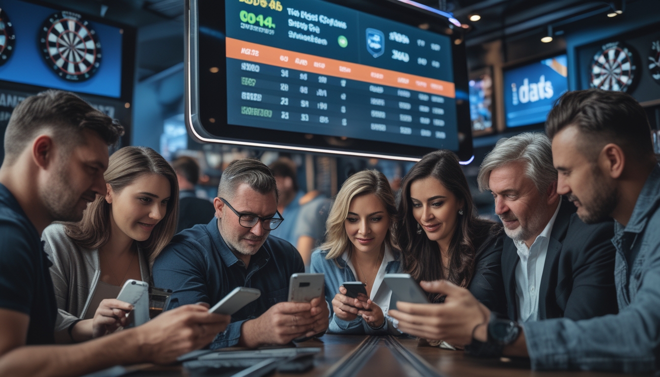 Orang-orang di ruang taruhan olahraga modern sedang melihat jadwal pertandingan dart dan peluang taruhan terbaru di layar digital.