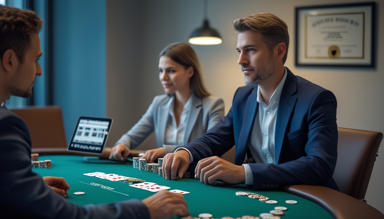 Dua orang dewasa bermain poker Texas Hold'em di meja hijau dengan chip dan kartu, di ruangan dengan pencahayaan terang dan suasana profesional.