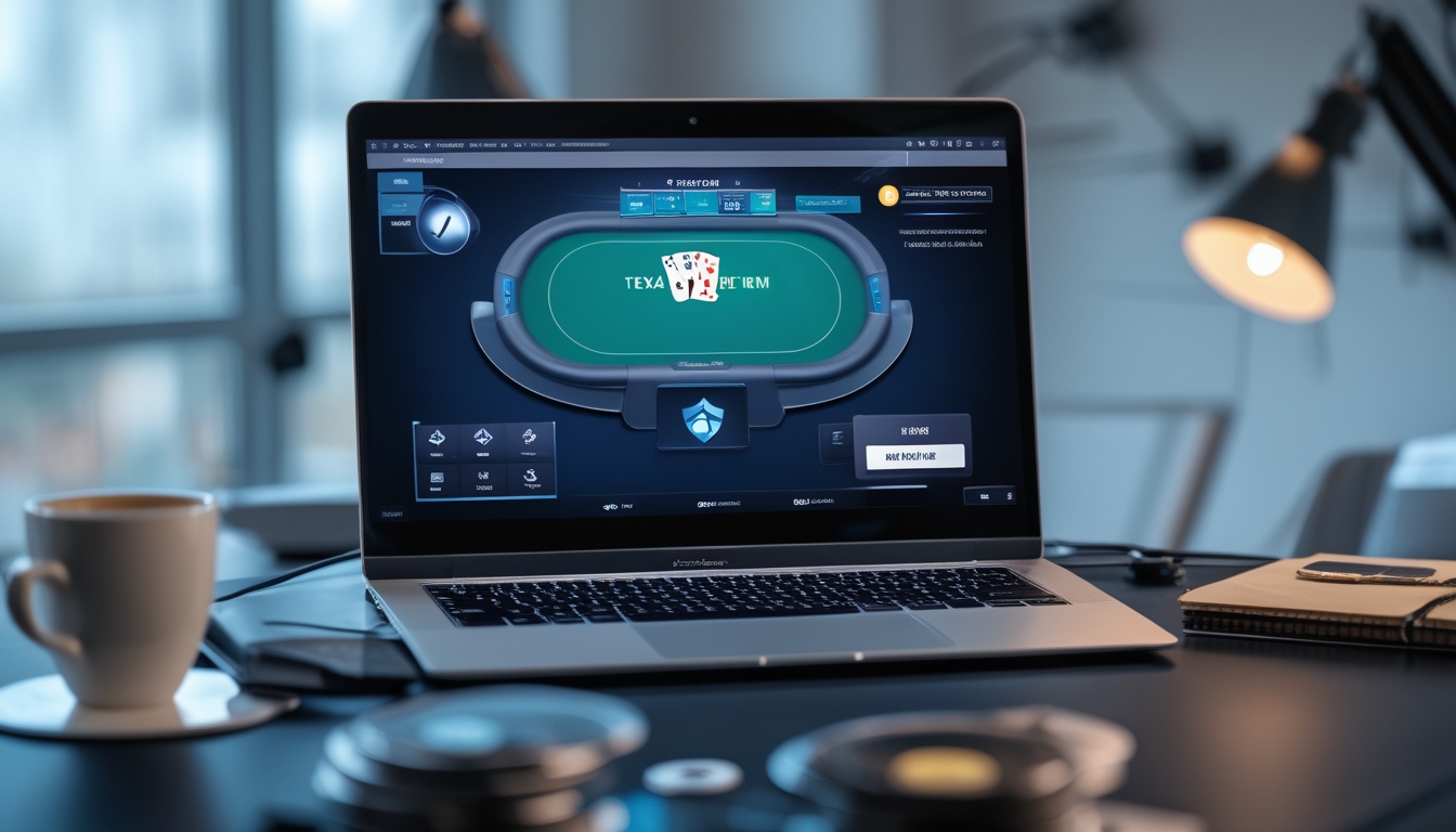 Seorang pemain poker online menggunakan komputer dengan tampilan permainan Texas Hold’em dan simbol keamanan digital di latar belakang.