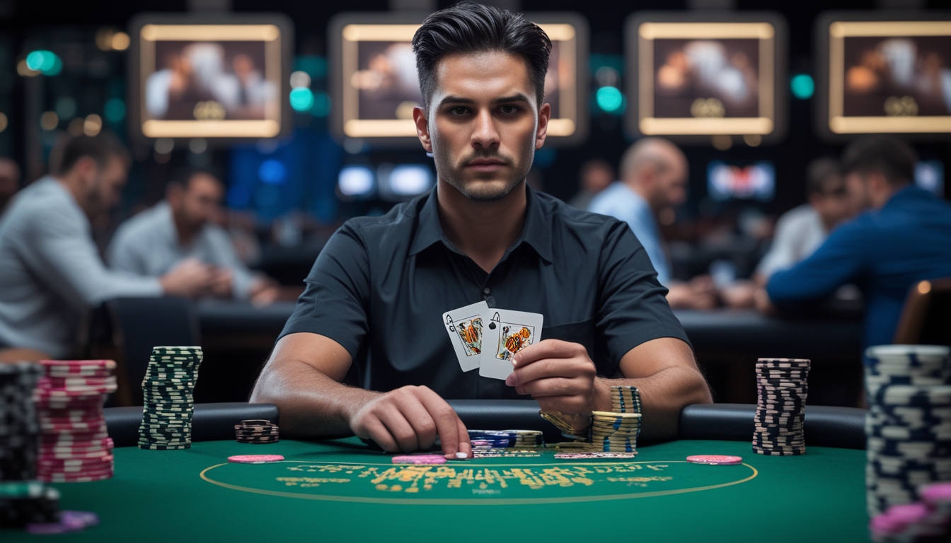Seorang pemain poker fokus duduk di meja poker dengan kartu dan tumpukan chip di depan.