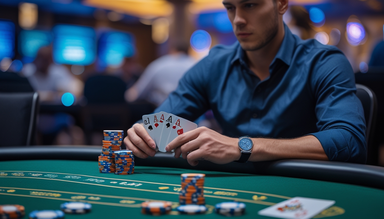 Seorang pemain poker fokus duduk di meja poker dengan kartu dan tumpukan chip di depan, di dalam suasana kasino modern.