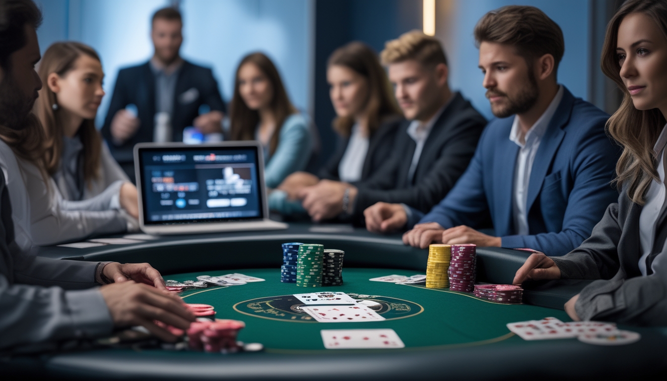 Meja poker dengan kartu dan chip, pemain fokus bermain poker Texas Hold'em online menggunakan laptop.