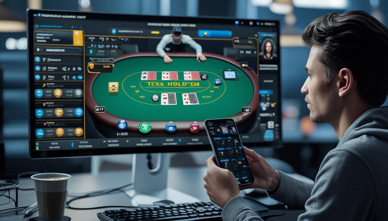 Seorang pemain poker duduk di depan komputer dengan tampilan meja poker online Texas Hold’em dan tumpukan chip, sedang fokus bermain di ruang kerja yang rapi.