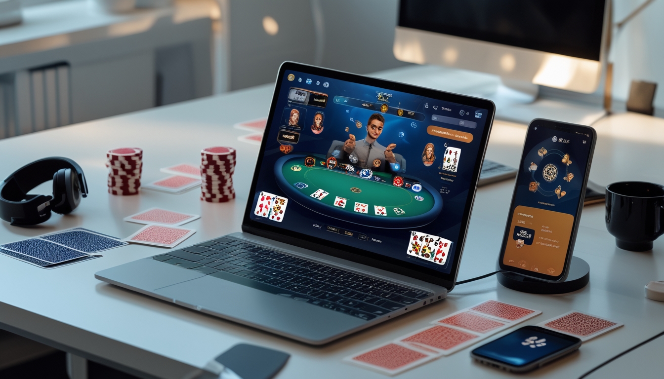 Sebuah meja kerja dengan komputer yang menampilkan permainan poker Texas Hold’em online, dikelilingi oleh chip poker dan kartu remi.