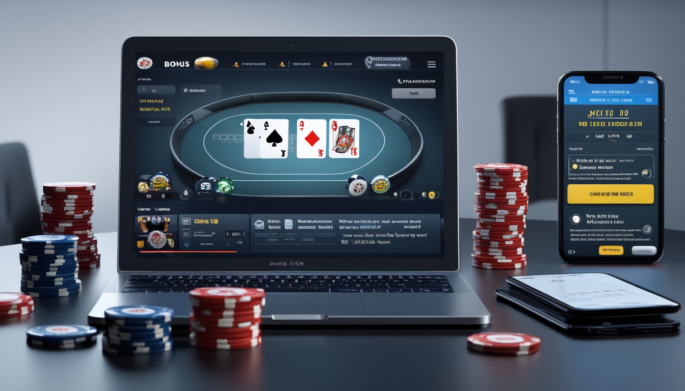 Sebuah laptop dan smartphone menampilkan permainan poker online Texas Hold’em dengan tumpukan chip dan kartu di meja.