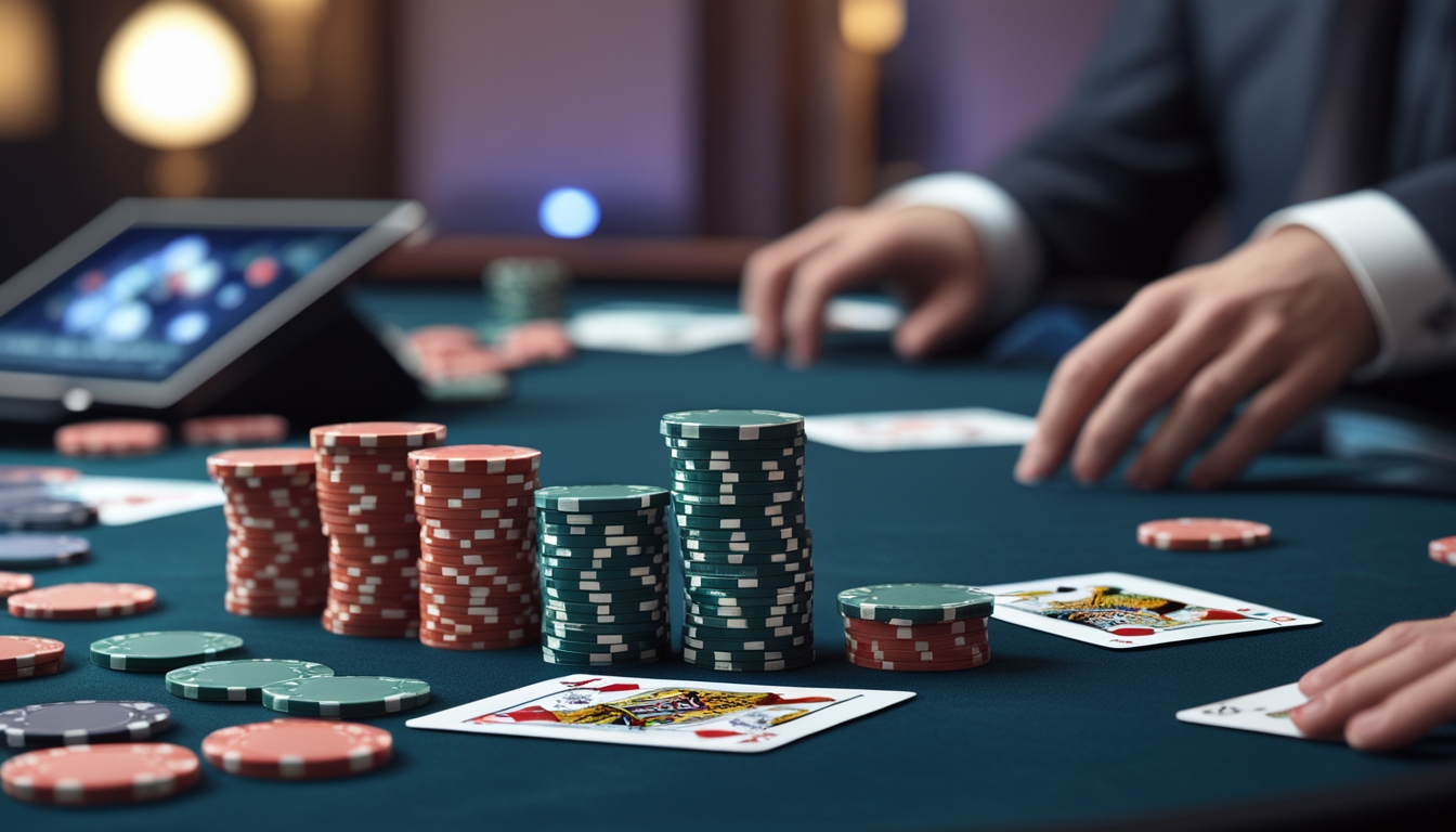 Meja poker dengan chip, kartu bermain, dan perangkat digital yang menampilkan permainan poker online dalam suasana permainan yang modern dan menarik.