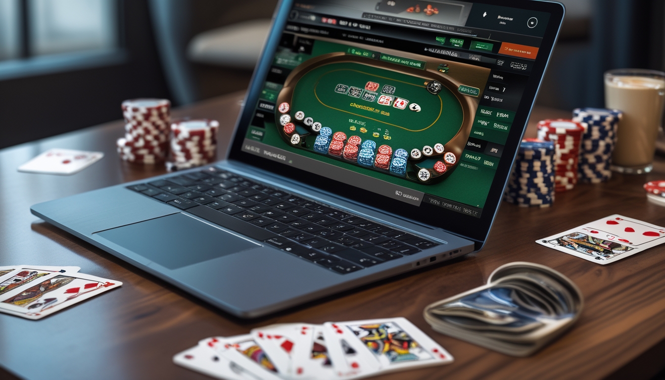 Sebuah meja poker dengan laptop yang menampilkan permainan Texas Hold’em online, dikelilingi oleh chip poker dan kartu bermain.