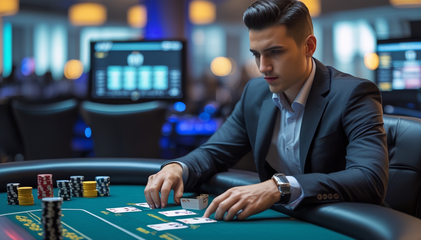 Seorang pemain poker profesional duduk di meja poker dengan kartu dan chip, terlihat fokus dan serius dalam suasana kasino modern.