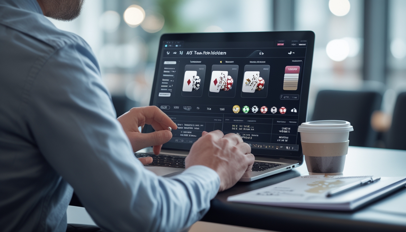 Seorang pria dewasa duduk fokus di depan laptop dengan kartu poker digital dan chip di meja, menunjukkan konsentrasi dalam bermain poker online.
