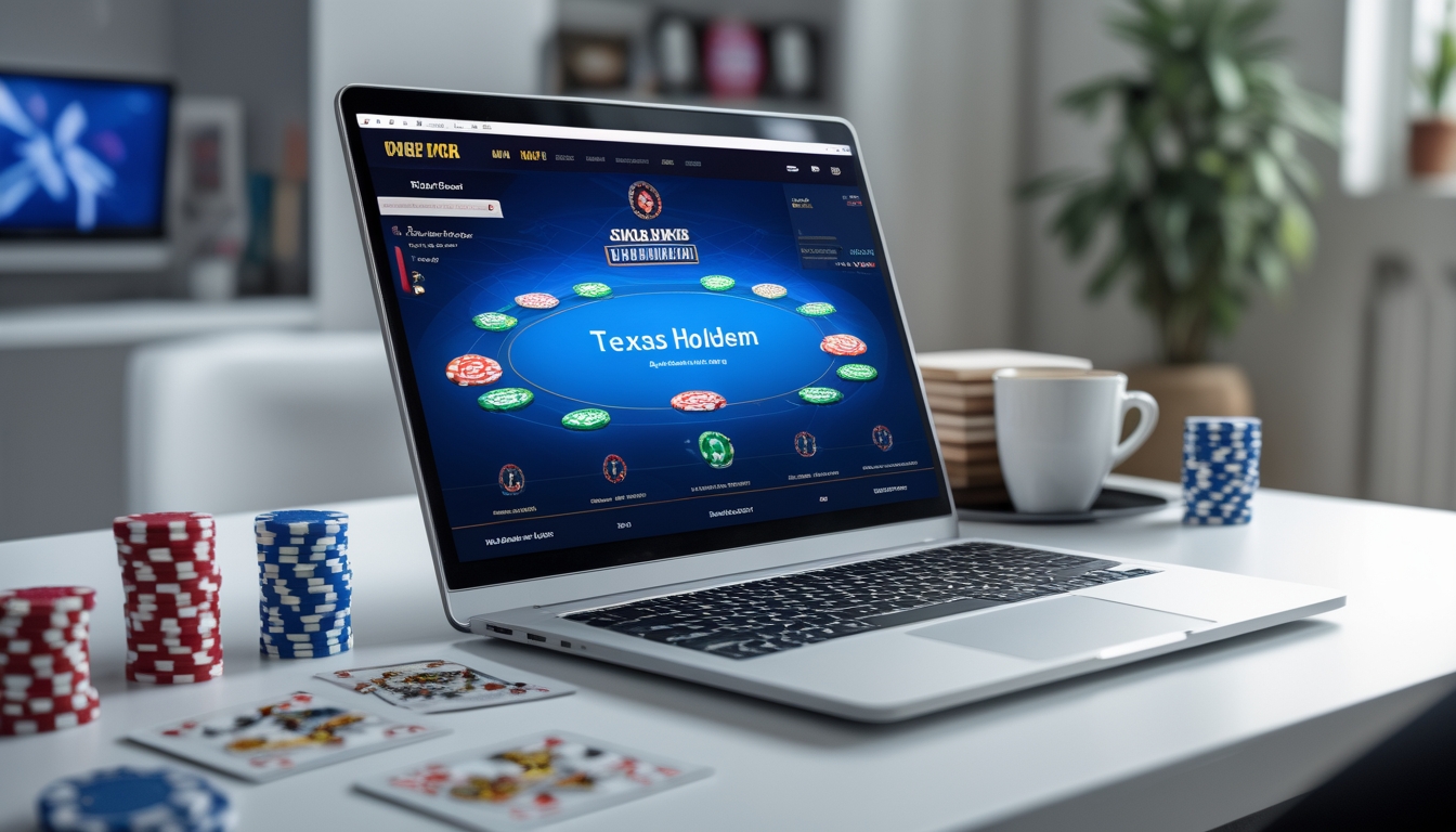 Seorang pemain poker online menggunakan komputer di meja dengan tumpukan chip poker dan kartu bermain.