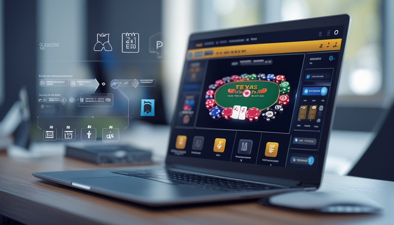Seorang pria menggunakan laptop dengan tampilan permainan poker Texas Hold’em online di meja kerja modern.