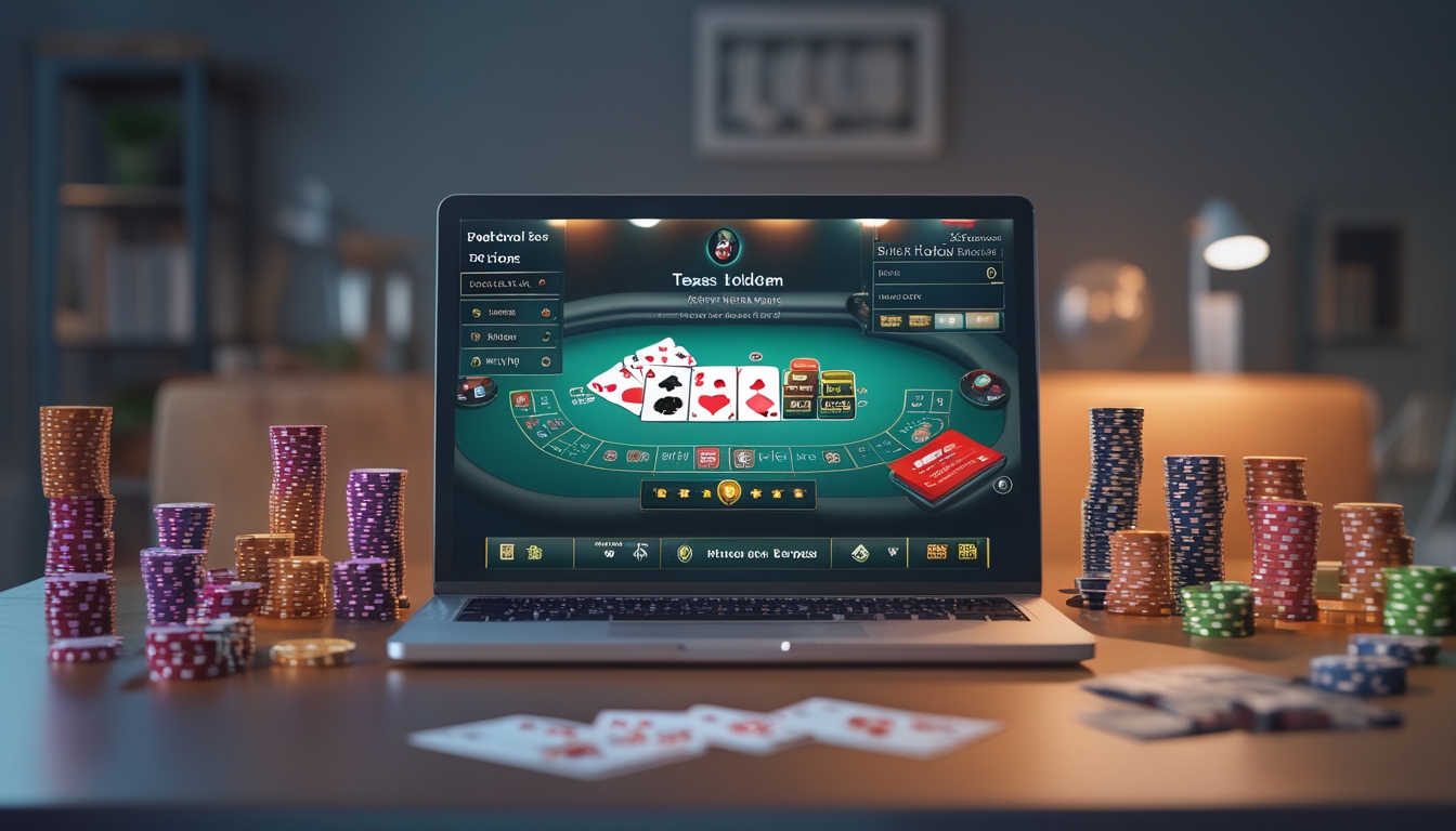 Sebuah meja dengan laptop yang menampilkan permainan poker Texas Hold’em online, dikelilingi oleh tumpukan chip poker dan kartu bermain.