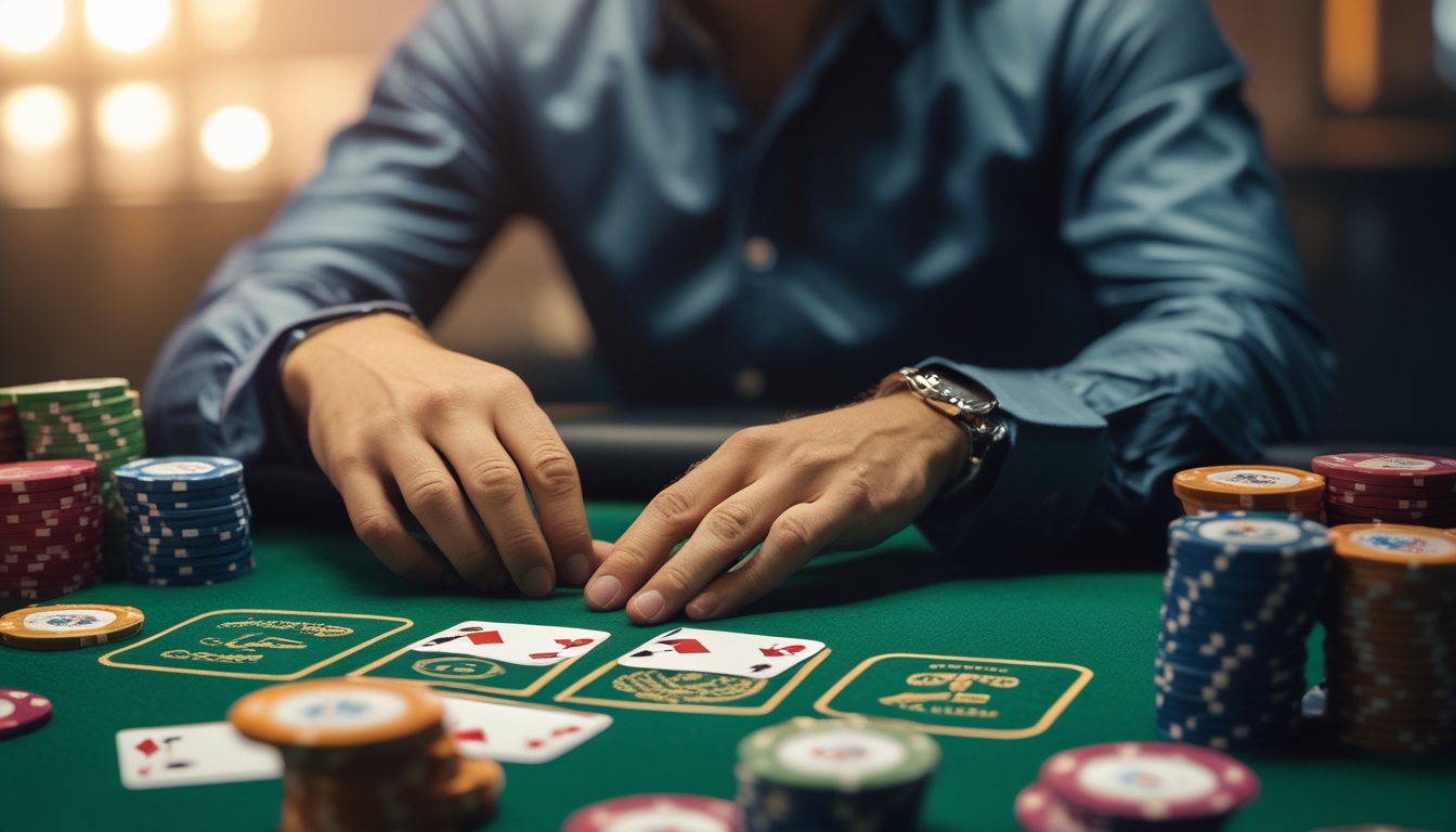 Seorang pemain poker fokus duduk di meja hijau dengan kartu dan tumpukan chip poker.