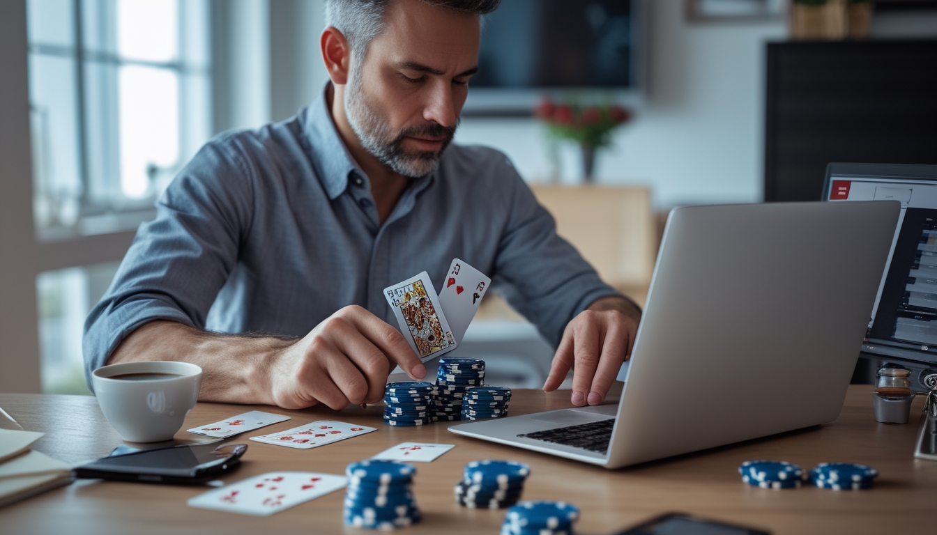 Seorang pria dewasa fokus bermain poker Texas Hold’em online di laptop dengan chip poker dan kartu di meja, di ruang kerja modern yang terang.