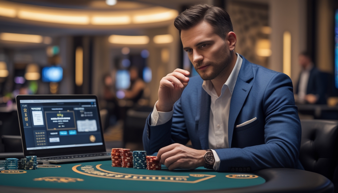 Seorang pria dewasa duduk di meja poker dengan tumpukan chip, menggunakan perangkat elektronik untuk bermain poker online di lingkungan kasino yang modern.