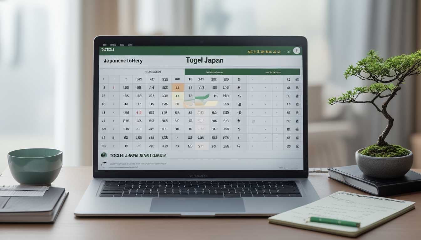 Meja kerja modern dengan laptop menampilkan angka dan grafik, buku catatan, pena, cangkir teh hijau, dan tanaman bonsai kecil.