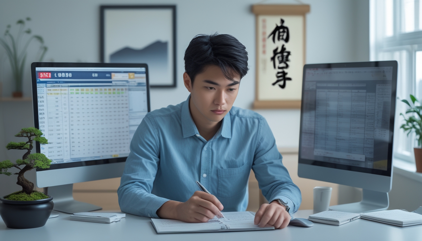 Seorang pria Asia muda duduk di meja kerja dengan beberapa layar komputer menampilkan grafik dan data, sedang menganalisis dan mencatat informasi di ruang kerja yang rapi dengan elemen budaya Jepang kecil.