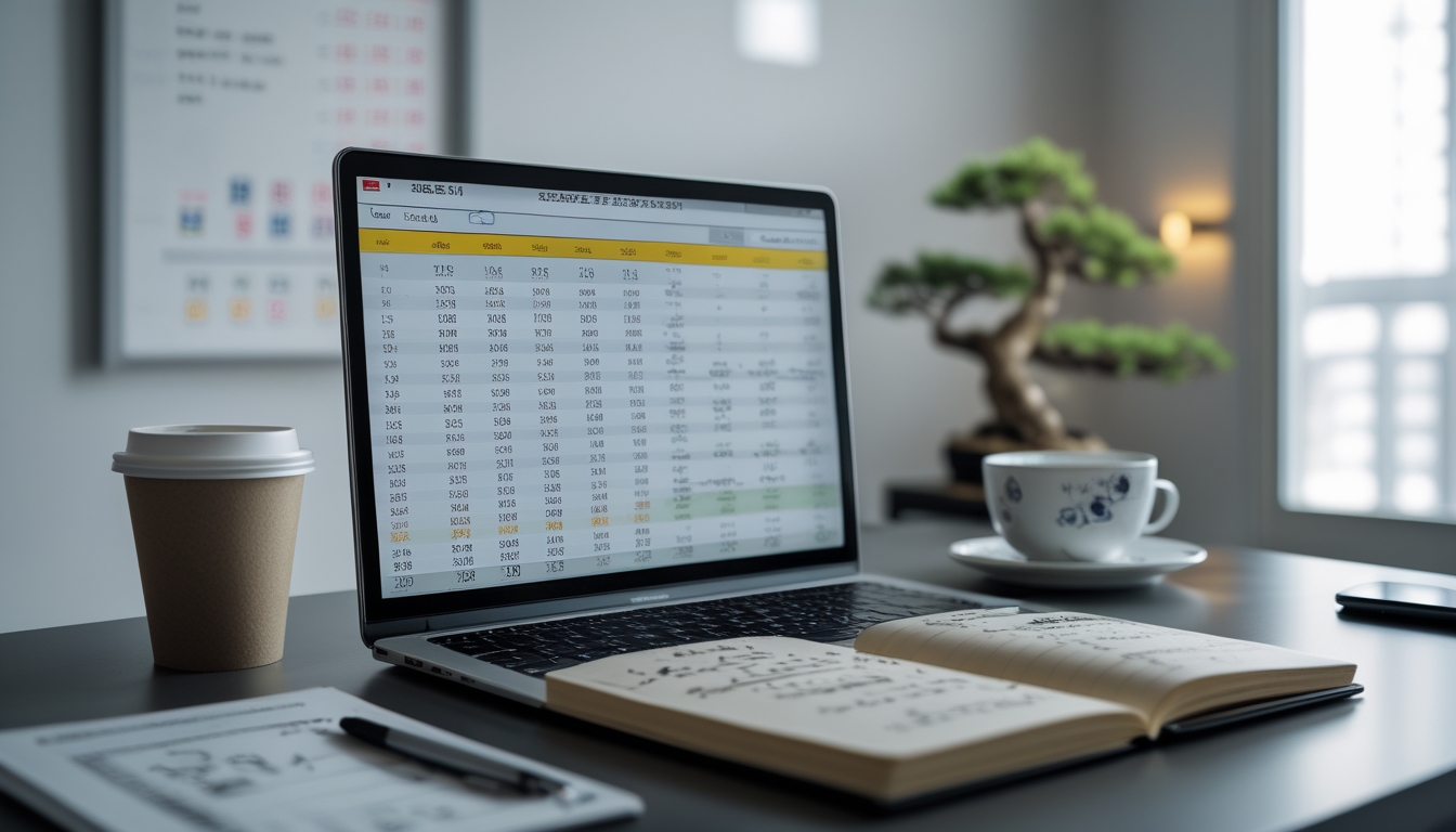 Meja kerja dengan laptop yang menampilkan grafik dan angka togel Jepang, notebook dengan catatan, dan cangkir kopi di dekat jendela dengan tanaman kecil.