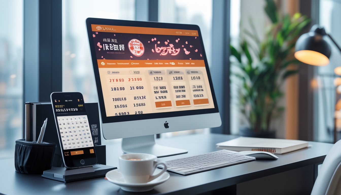 Sebuah meja kerja modern dengan komputer yang menampilkan antarmuka situs web terkait lotere Jepang, dengan suasana yang rapi dan profesional.