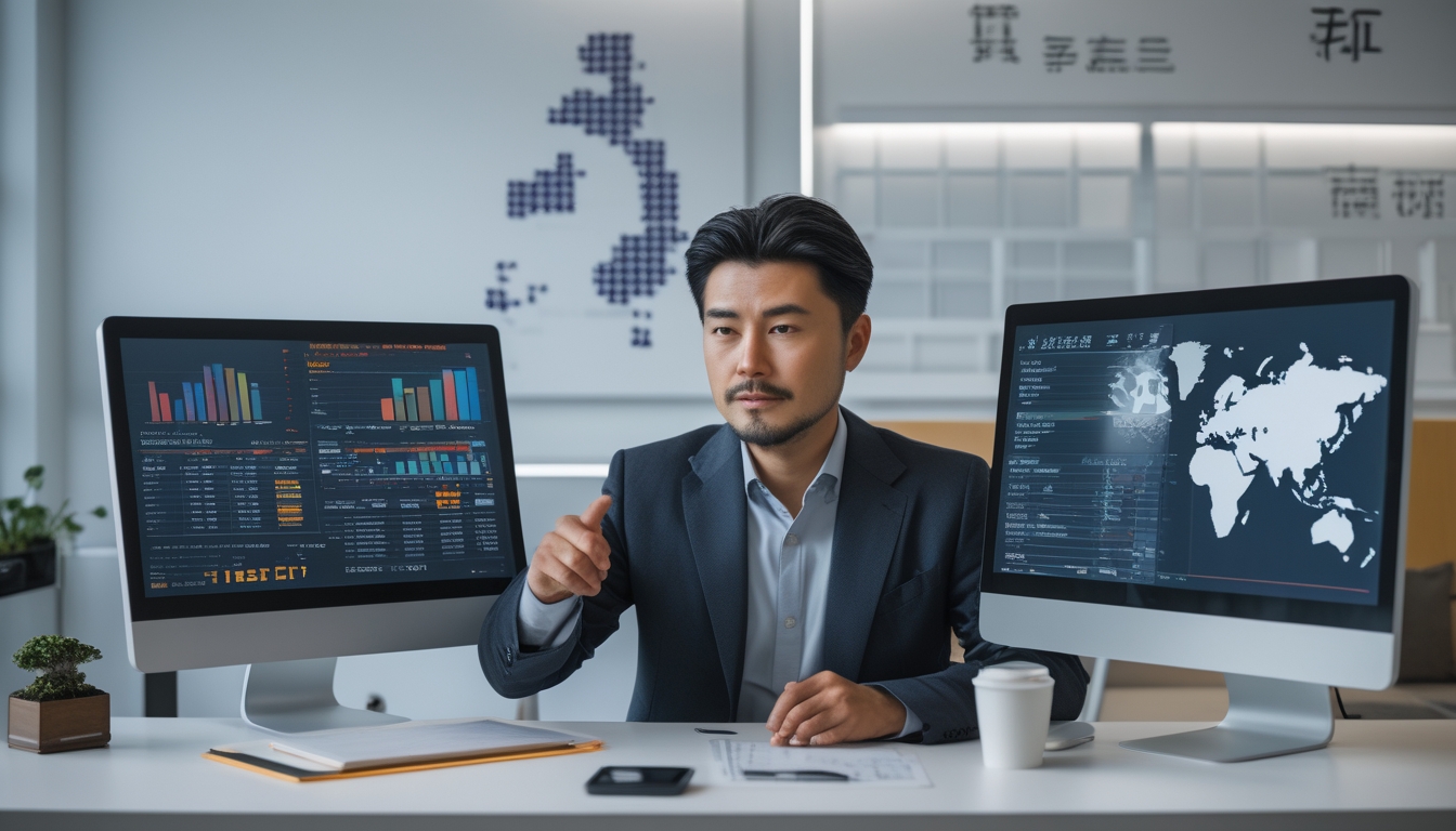 Seorang pria Asia duduk di meja kantor modern sambil melihat layar komputer yang menampilkan data dan peta Jepang, menunjukkan suasana kerja yang fokus dan profesional.