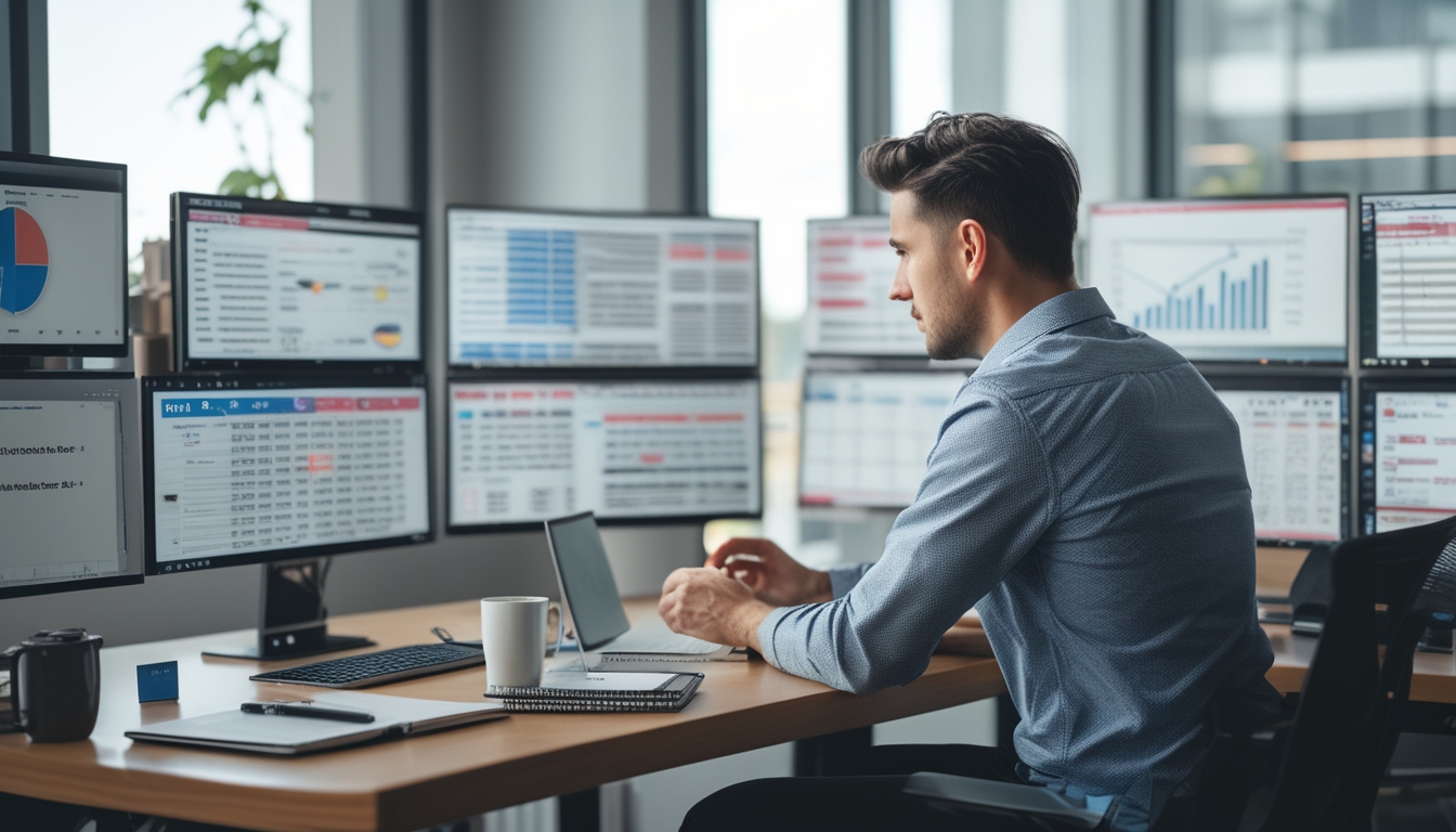 Seseorang yang serius sedang menganalisis data lotre di depan beberapa layar komputer di sebuah kantor modern.