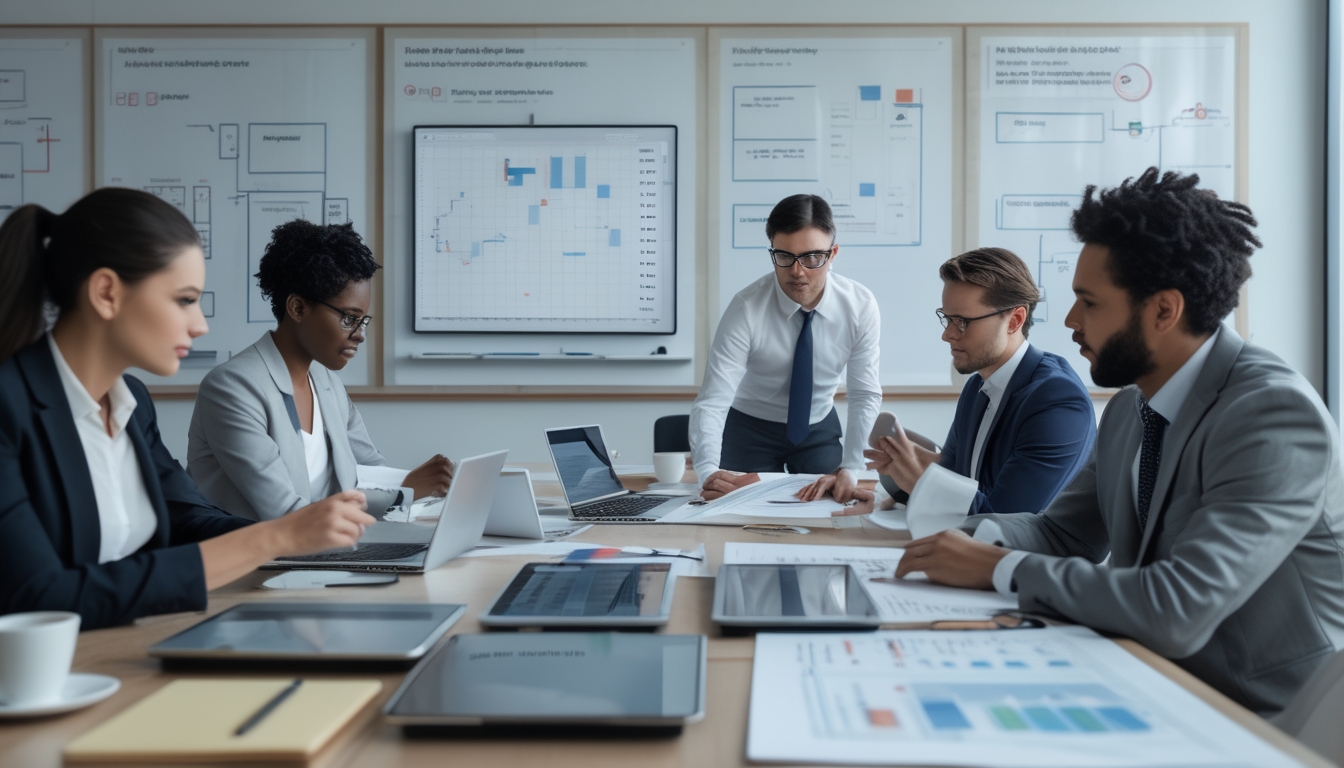 Sekelompok profesional bekerja bersama di kantor modern dengan laptop dan dokumen, fokus pada pengumpulan dan verifikasi data.